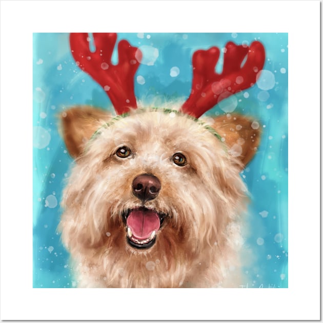 Painting of an Adorable Smiling Yorkshire Terrier with Red Antlers for Christmas Wall Art by ibadishi